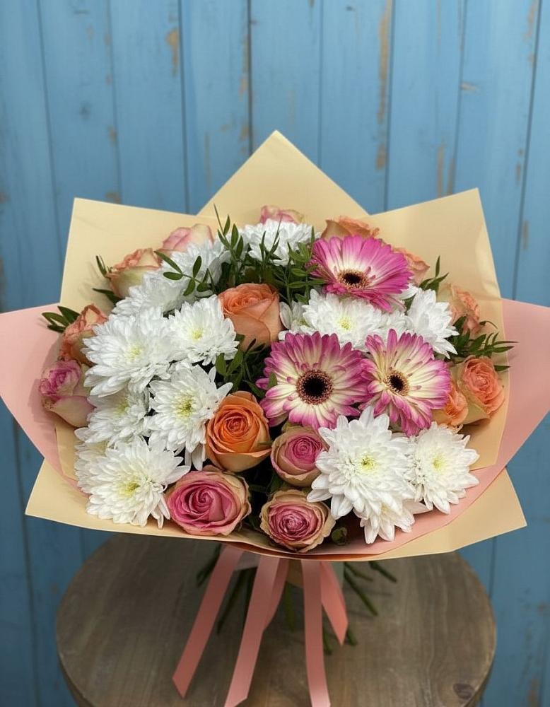 Букет цветов из: Розы, Герберы и Хризантемы в Еленовское