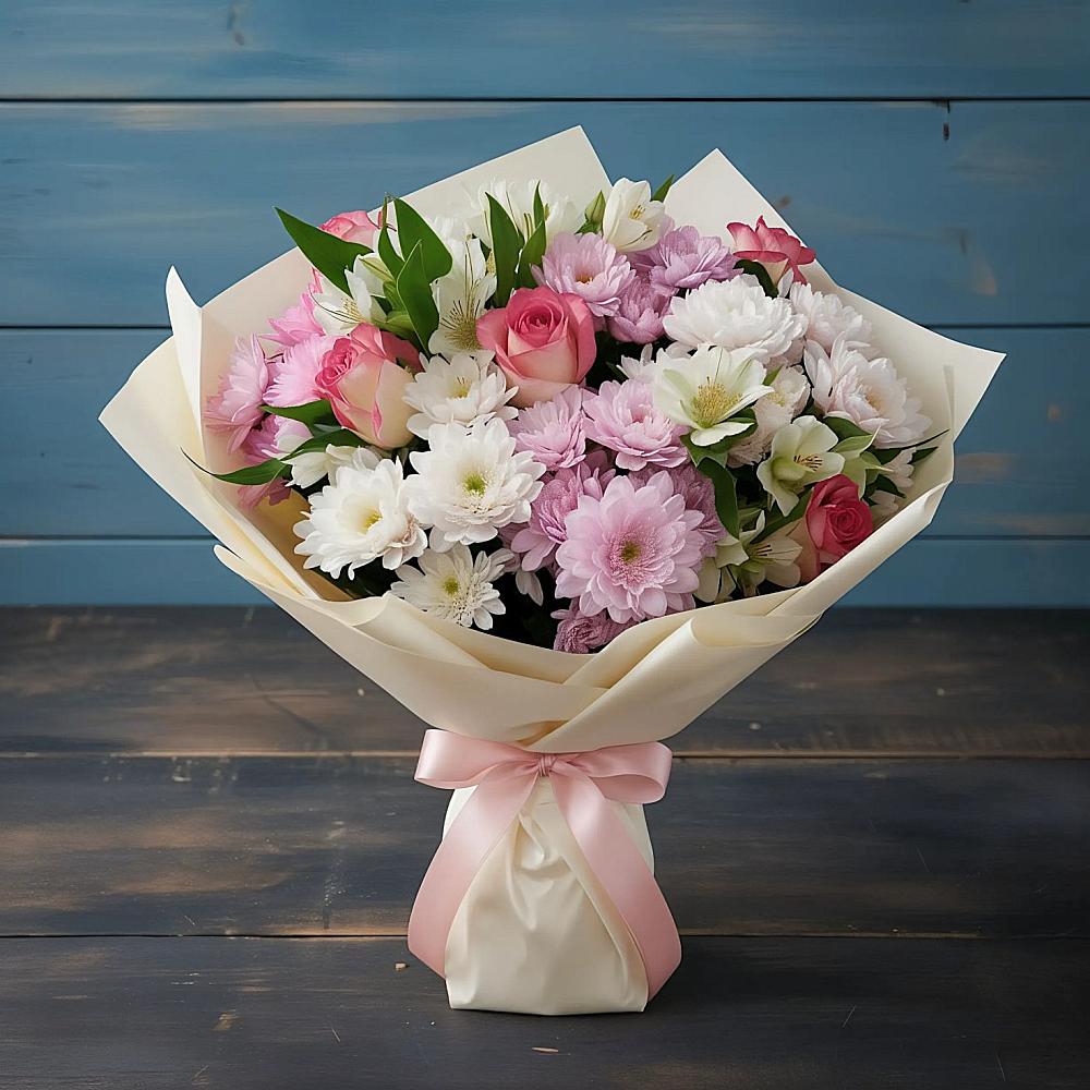 Букет цветов из: Хризантемы, Альстромерии и Розы в Еленовское